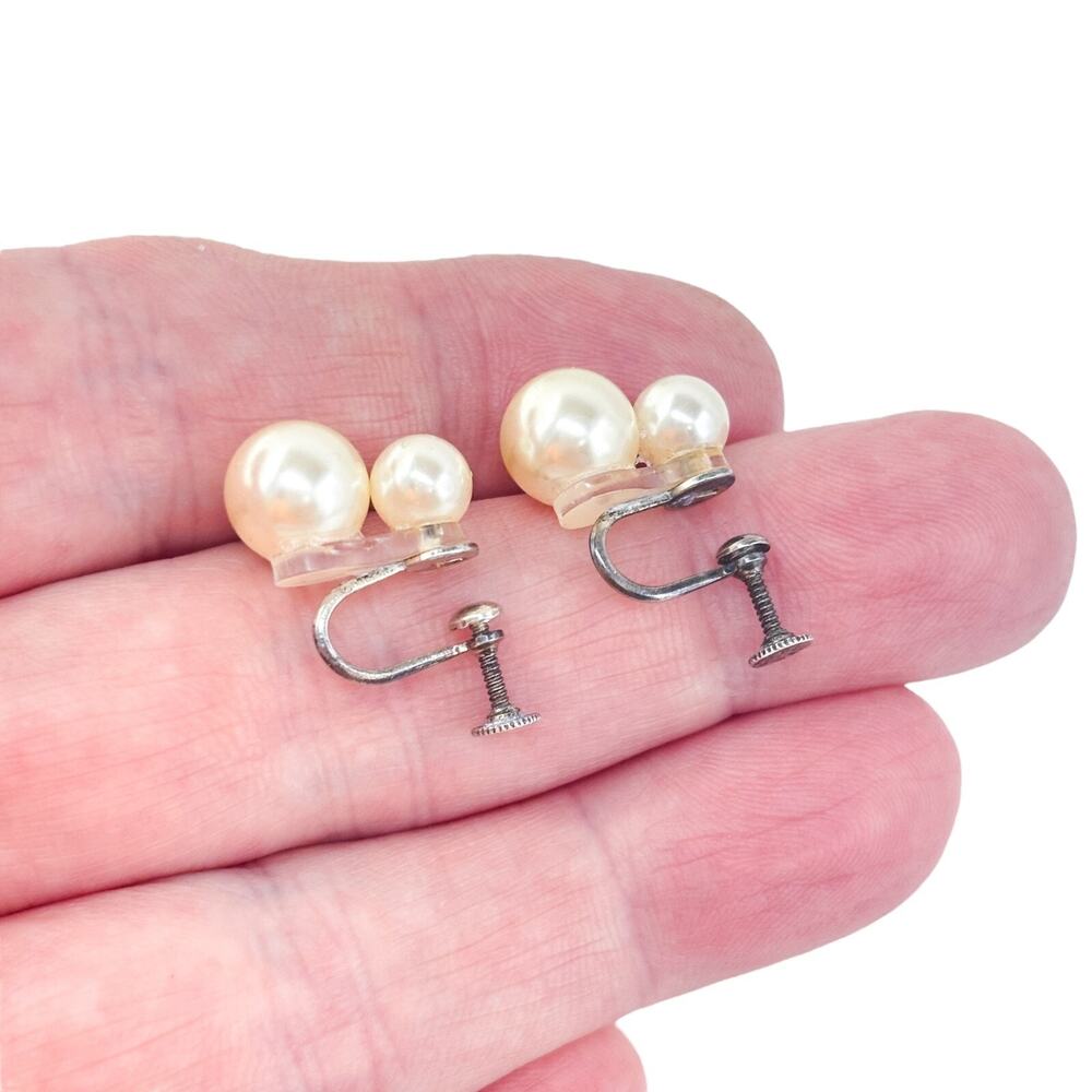 Estate Sterling Silver 925 Faux Pearl Double Drop Screwback Earrings